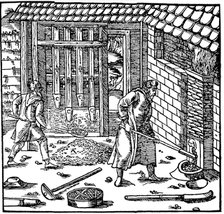 Stamping and roasting ore to extract metal, 1556. Artist: Unknown