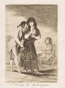 Plate 7 from 'Los Caprichos' : Even thus he cannot make her out (Ni asi la distingue.), 1799. Creator: Francisco Goya.