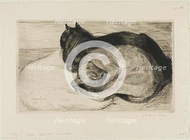 Two Cats on a Cushion, 1914. Creator: Theophile Alexandre Steinlen.
