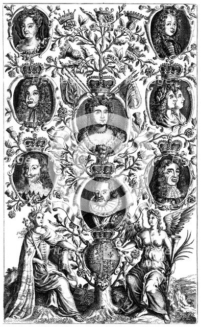Queen Anne's (1665-1714) family tree. Artist: Unknown