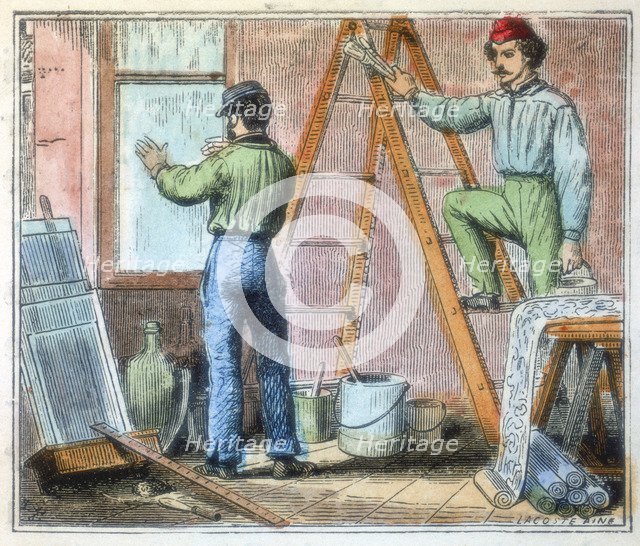 Glazier and wallpaper hanger working in a house, 1867. Artist: Unknown