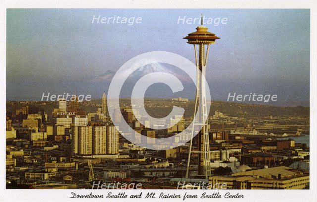 Downtown Seattle and Mount Rainier from the Seattle Center, Washington, USA, 1963. Artist: Unknown