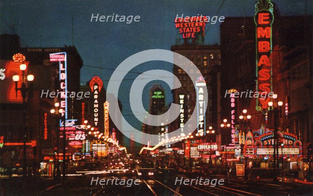 Market Street at night, San Francisco, California, USA, 1957. Artist: Unknown