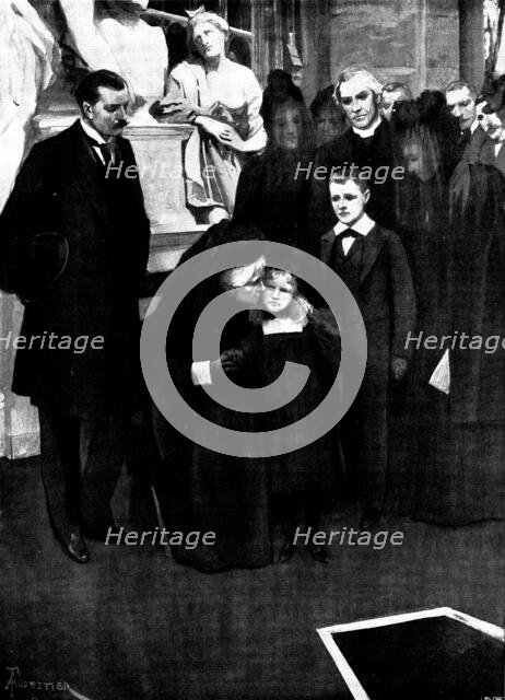 The Funeral of Mr. Gladstone: Mrs. Gladstone kissing Dorothy Drew at the graveside, 1898. Creator: Unknown.