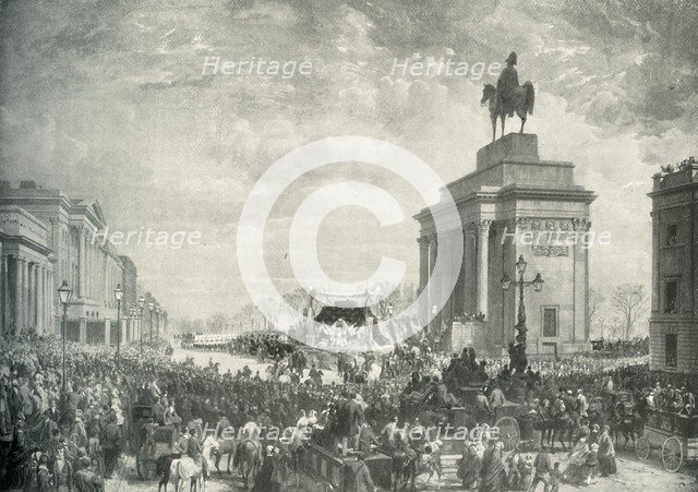 'The Funeral of the Duke of Wellington Passing Apsley House, November 18, 1852', (c1897). Artist: E&S Woodbury.
