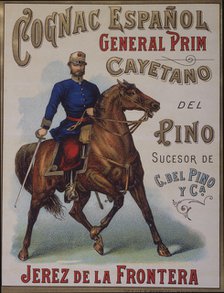 Label of the cognac 'General Prim' from the Cayetano del Pino wineries in Jerez de la Frontera, 1…