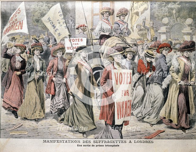 English suffragettes on being released from Holloway Prison, 1908. Artist: Unknown