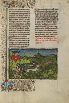 A Hunter and Dogs Pursuing a Hare; Livre de la Chasse, about 1430-1440. Creator: Unknown.