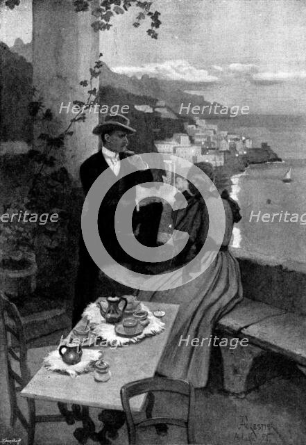 Adam Johnstone's Son: Johnstone sat down upon the wall, while Clare leaned over it, 1895. Creator: George Meisenbach.