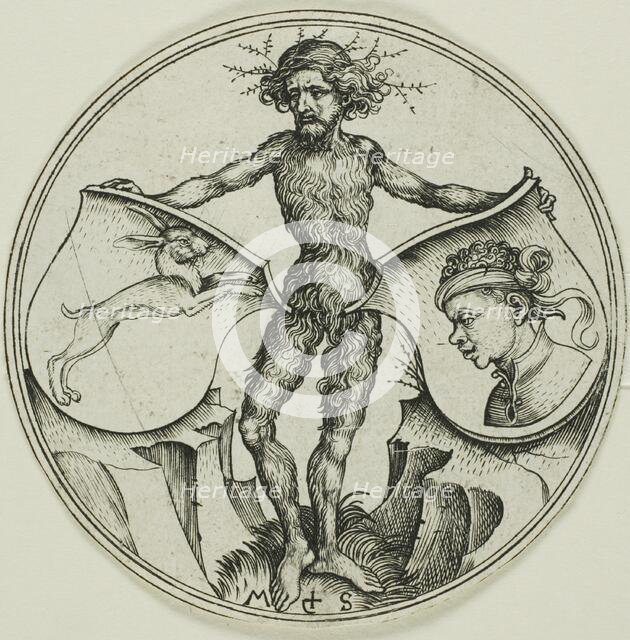 Two Shields with a Hare and a Moor's Head, Held by a Wild Man, 1480/90. Creator: Martin Schongauer.