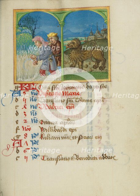 July Calendar Page; Reaping; Leo; Book of Hours, early 16th century. Creator: Unknown.