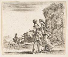 Plate 3: two girls walking towards the left, seen from behind, a woman on a horse t..., ca. 1644-47. Creator: Stefano della Bella.