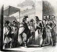 Visit of Emperor Moctezuma to Hernán Cortes. Engraving, 1862.