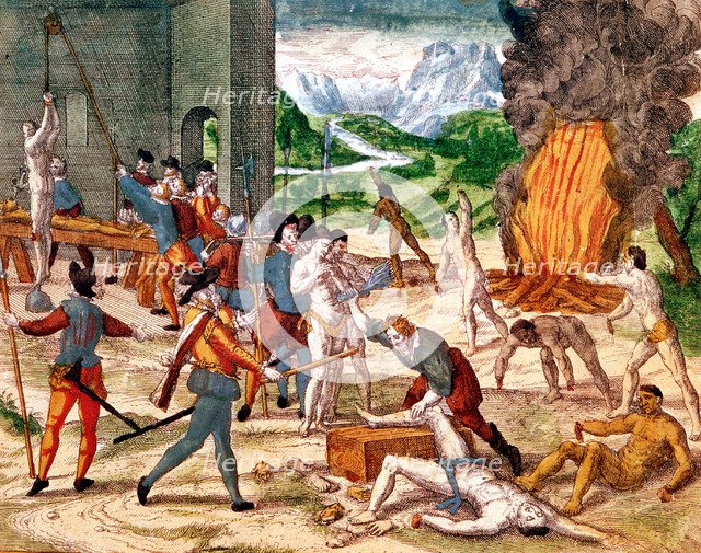 Spanish conquistadors torturing American indians, 1539-1542. Artist: Unknown