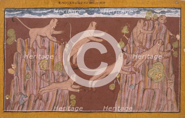 Monkeys Jump from Crag to Crag, Folio from the 'Shangri' Ramayana..., between c1700 and c1710. Creator: Unknown.