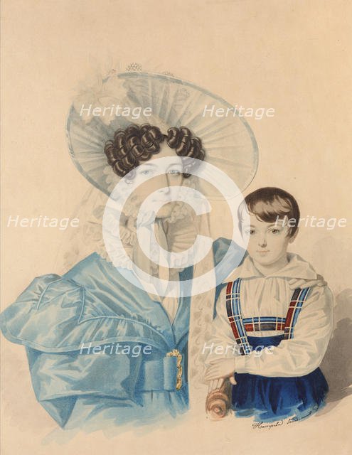 Portrait of Anna Platonovna Plautina (1808-1886) with her son, 1830s. Creator: Hampeln, Carl, von (1794-after 1880).