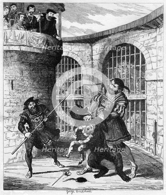 Gog extricating Xit from the bear in the Lions' Tower, 1840. Artist: George Cruikshank