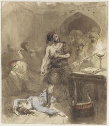 A man pointing to a woman lying on the floor, 1824-1888.  Creator: Charles Rochussen.
