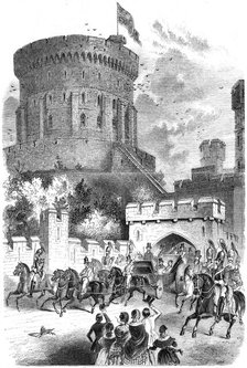 Windsor Castle in 1844 - Queen Victoria and Prince Albert leaving the Castle for London. Creator: Unknown.