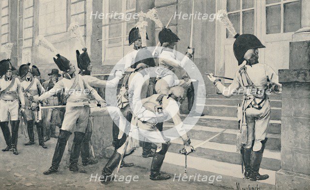 'The Prussian Noble Guard Sharpen Their Swords on the Steps of the French Embassy at Berlin', 1896. Artist: Unknown.