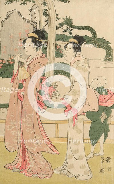 Women viewing dragon and tiger made of tobacco pouches, c. 1795. Creator: Hosoda Eishi.
