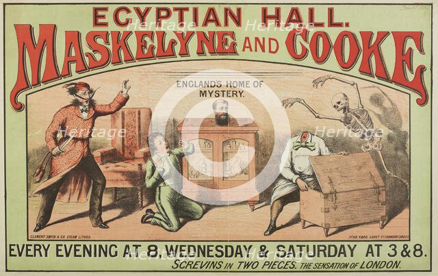 Egyptian Hall - Maskelyne and Cooke - England's Home of Mystery, Screvins in Two Pieces, 1880.  Creator: Unknown.