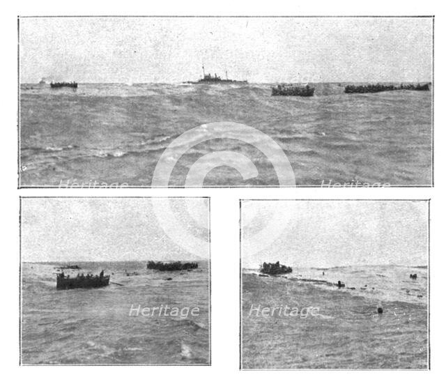 At sea; Amid the lifeboatds, rafts and swimmers, a French gunboat arrives..., 1917. Creator: Unknown.