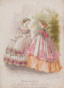 Two women wearing the latest fashions, 1859. Artist: Anon