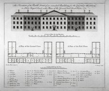 Elevation of the north front and plans of London Hospital, Whitechapel, London, 1752. Artist: John Tinney