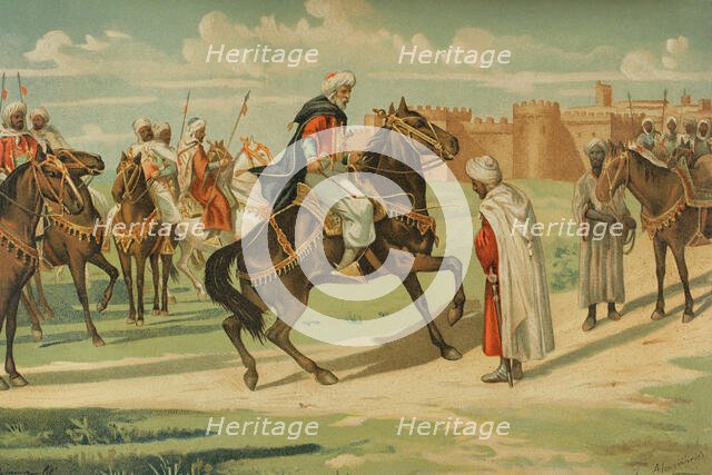 Musa Ibn Nusair (c640-716) whips Tarik ben Yihab's face for disobeying his order..., 8th cent (1888) Creator: Juan Alaminos.