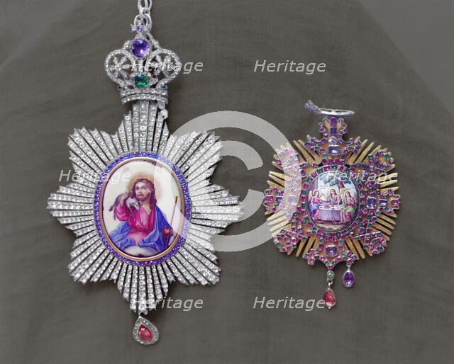 Panagias [enkolpia]; in the vestry of the Ipatievsky Monastery, Kostroma, 1911. Creator: Sergey Mikhaylovich Prokudin-Gorsky.