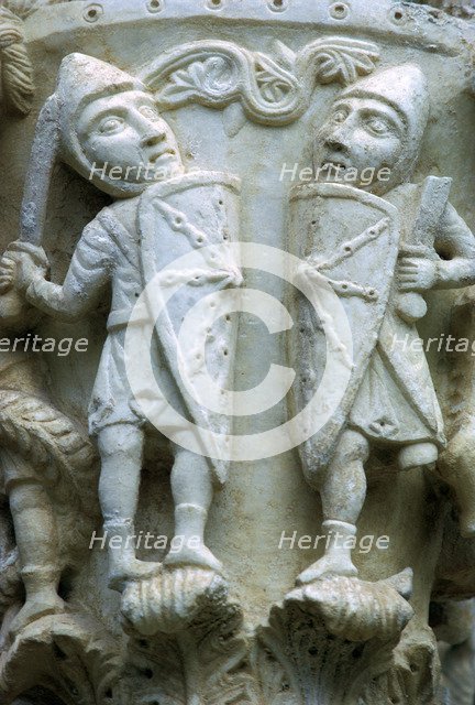 Detail of a column showing Norman Soldiers, 12th century. Artist: Unknown