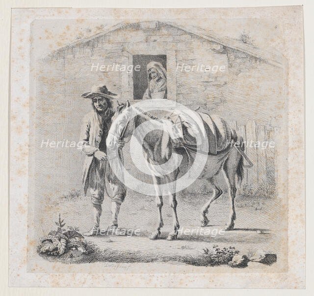 Man Holding a Mule before a House, early 19th century., early 19th century. Creator: Anon.