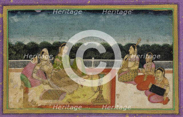 A Lady and attendant on a terrace at evening, with three women musicians, 18th century. Creator: Unknown.