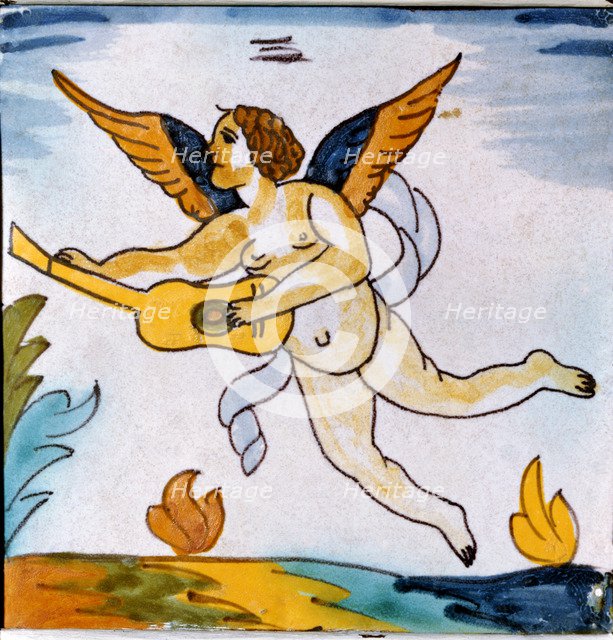 Angel playing a guitar,' polychromed Catalan tile.