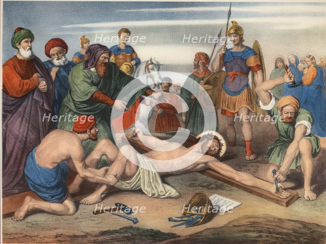 Via Crucis. Eleventh Station. Jesus is nailed to the cross. Drawing by Pascual. Barsal Editions, …