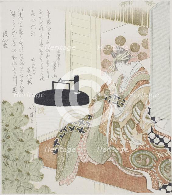 Courtesan sitting on a veranda next to a lantern, 1814. Creator: Totoya Hokkei.