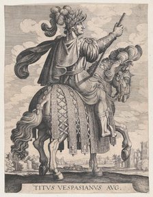 Plate 10: Emperor Titus on Horseback, from 'The First Twelve Roman Caesars' after Tempe..., 1610-50. Creator: Matthaus Merian.