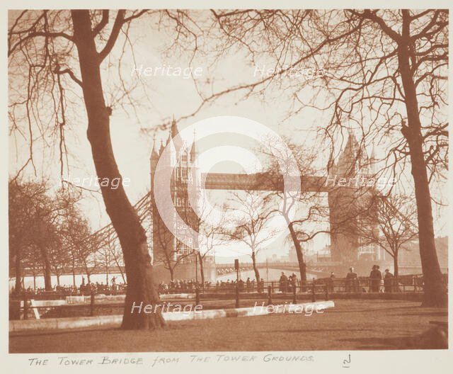 The Tower Bridge from the Tower grounds. From the album: Photograph album - London, 1920s. Creator: Harry Moult.