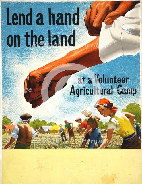 'Lend A Hand On The Land - at a Volunteer Agricultural Camp', World War II poster, c1939-c1945. Creator: John Nunney.