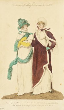 Fashion Plate (Fashionable Walking Dresses in Dec. 1807), 1808. Creator: John Bell.