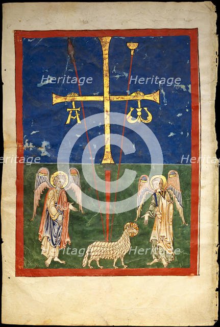 Leaf from a Beatus Manuscript: the Lamb at the Foot of the Cross, Flanked by Two Angels..., c1180. Creator: Unknown.