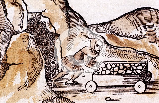 Miner pushing a trolley from a mine entrance, 1508. Artist: Unknown