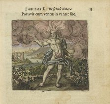 Emblem 1. The wind carried him in his belly. From "Atalanta fugiens" by Michael Maier, 1618. Creator: Merian, Matthäus, the Elder (1593-1650).