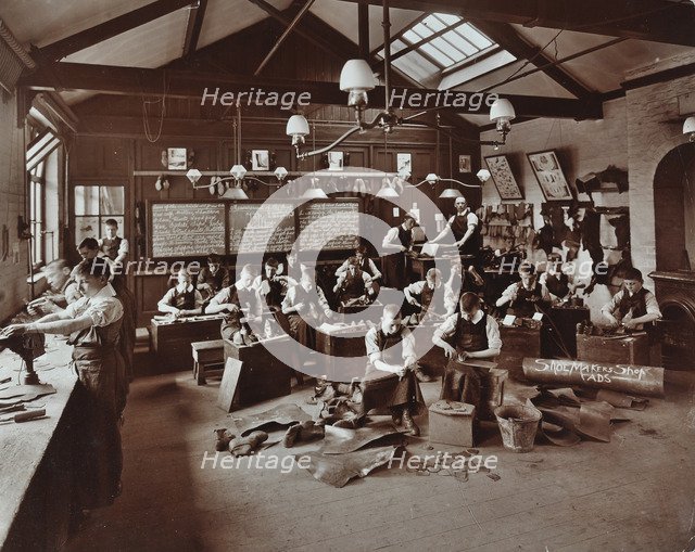 Boys making shoes at the Anerley Residential School for Elder Deaf Boys, Penge, 1908.  Artist: Unknown.