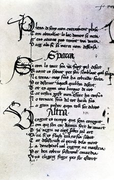 Manuscript by Ausias March, folio XXIX, XXVIII poems, Gothic writing with ornamented initials wit…