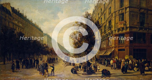Queue à la porte d'une épicerie (angle de la rue Réaumur et du boulevard Sébastopol)..., 1871. Creators: Alfred Decaen, Jacques Guiaud.