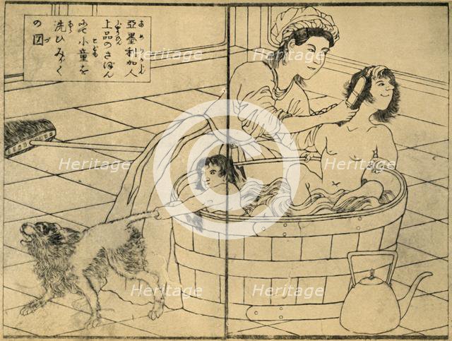 'American Woman Bathing her Children', 1862-1865, (1924).  Creator: Sadahide Utagawa.