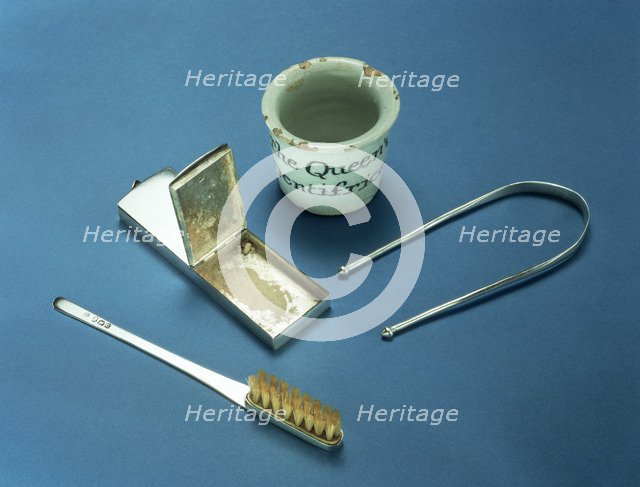 Toothbrush, box of dental powder and tongue-scraper, 18th century. Artist: Unknown