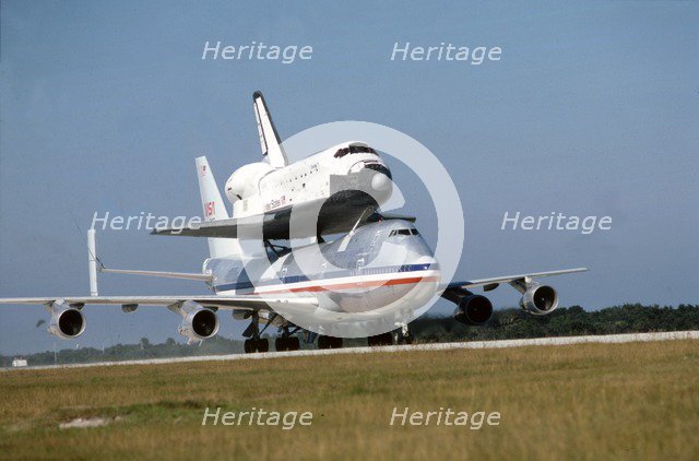 Space Shuttle atop Boeing 747, Kennedy Space Center, Florida, USA, 1980s. Creator: NASA.